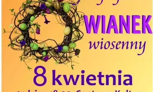 Kolorowy plakat z wiosennym wiankiem na środku.