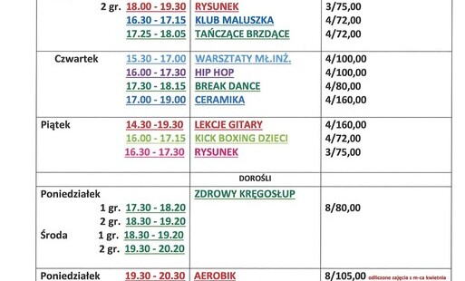 Zdjęcie do CENNIK ZAJĘĆ NA MIESIĄC MAJ 2026