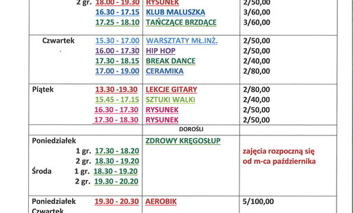 Zdjęcie do CENNIK ZAJĘĆ NA MIESIĄC WRZESIEŃ 2026
