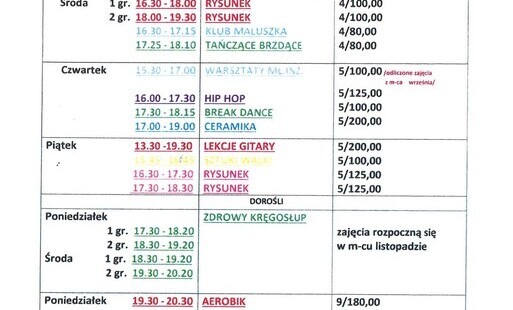 Zdjęcie do CENNIK ZAJĘĆ NA MIESIĄC PAŹDZIERNIK 2026